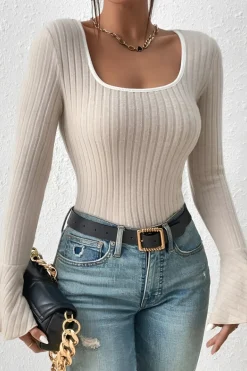Solid Contrast Binding Square Neck Bell Sleeve Top