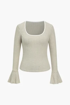 Solid Contrast Binding Square Neck Bell Sleeve Top