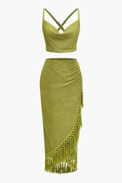 Solid Cowl Neck Top And Fringe Ruched Skirt Set