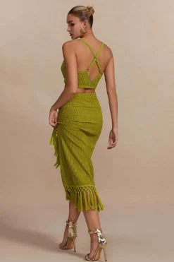 Solid Cowl Neck Top And Fringe Ruched Skirt Set
