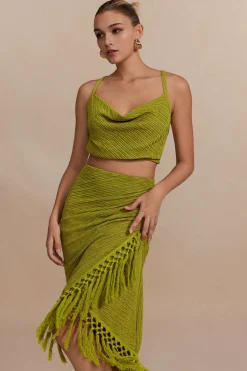 Solid Cowl Neck Top And Fringe Ruched Skirt Set