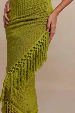 Solid Cowl Neck Top And Fringe Ruched Skirt Set