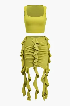 Solid Crop Tank Top And Ruffle Skirt Set