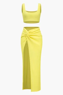 Solid Crop Tank Top And Slit Twist Knot Skirt Set