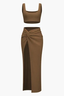 Solid Crop Tank Top And Slit Twist Knot Skirt Set