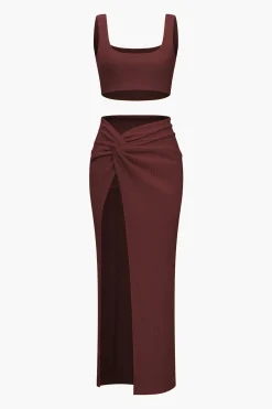 Solid Crop Tank Top And Slit Twist Knot Skirt Set