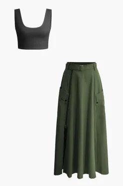 Solid Crop Tank Top And Zipper Pocket Pleated Skirt Set