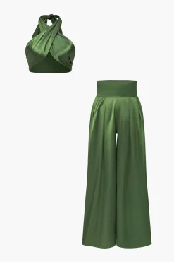 Solid Crossed Backless Top And Wide Leg Trousers Set