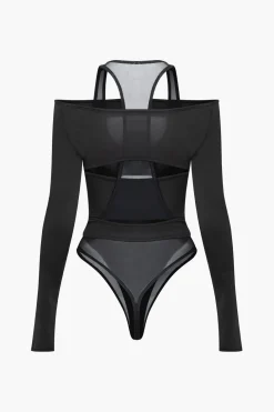 Solid Crossed Cut Out Sheer Bodysuit