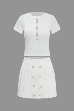 Solid Cut Out Button Skirt Set