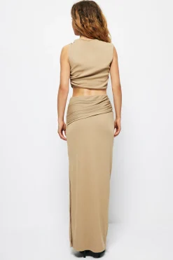 Solid Cut Out Crop Tank Top And Ruched Split Midi Skirt Set