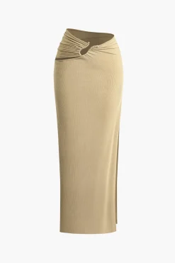 Solid Cut Out Crop Tank Top And Ruched Split Midi Skirt Set