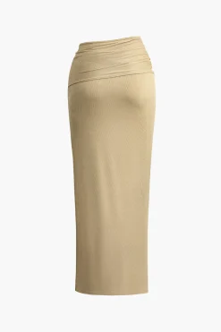 Solid Cut Out Crop Tank Top And Ruched Split Midi Skirt Set