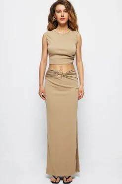 Solid Cut Out Crop Tank Top And Ruched Split Midi Skirt Set