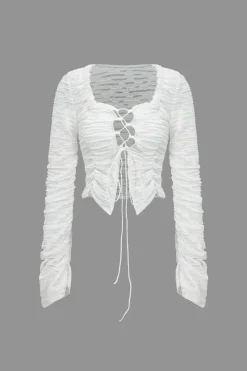 Solid Cut Out Tie Up Long-Sleeve Top