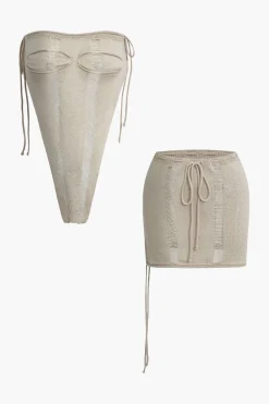 Solid Distressed Ladder Knit Tube Top And Tie Front Mini Skirt Set