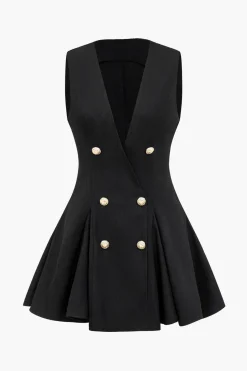Solid Double Breasted V-Neck Mini Dress