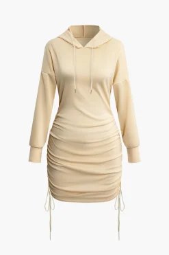 Solid Drawstring Hooded Mini Dress