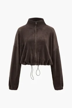 Solid Drawstring Mock Neck Zipper Jacket
