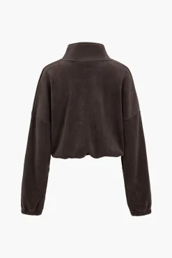 Solid Drawstring Mock Neck Zipper Jacket