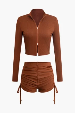Solid Drawstring Zipper Shorts Set