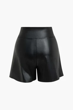 Solid Faux Leather Asymmetrical Zipper Shorts