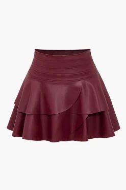 Solid Faux Leather Asymmetrical Layer Skirt