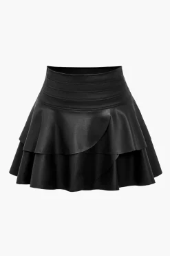 Solid Faux Leather Asymmetrical Layer Skirt
