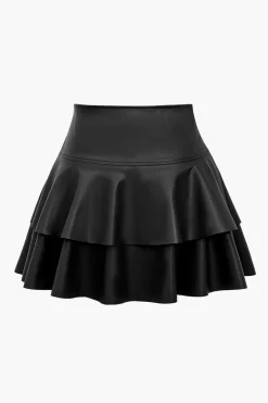 Solid Faux Leather Asymmetrical Layer Skirt