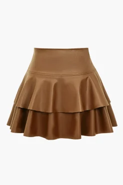 Solid Faux Leather Asymmetrical Layer Skirt