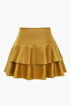 Solid Faux Leather Asymmetrical Layer Skirt