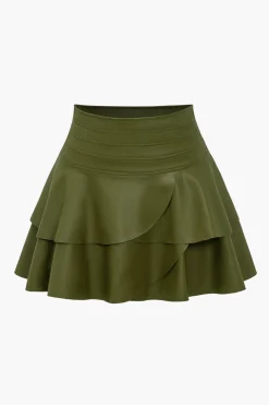 Solid Faux Leather Asymmetrical Layer Skirt