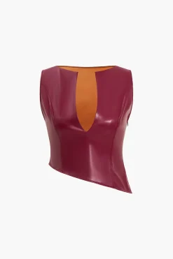 Solid Faux Leather Asymmetrical Zipper Tank Top