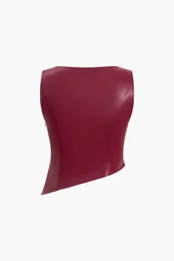 Solid Faux Leather Asymmetrical Zipper Tank Top