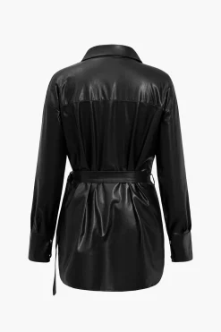 Solid Faux Leather Belted Long-Sleeve Shirt