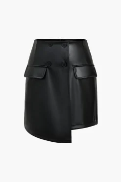 Solid Faux Leather Button Asymmetrical Skirt