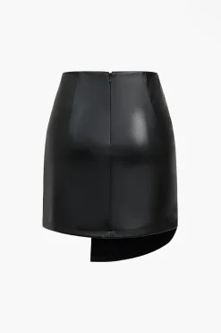 Solid Faux Leather Button Asymmetrical Skirt