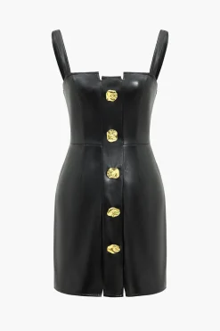 Solid Faux Leather Button Mini Dress