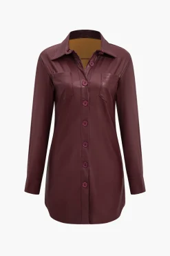 Solid Faux Leather Button Long Sleeve Mini Dress