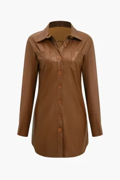 Solid Faux Leather Button Long Sleeve Mini Dress