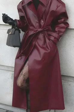 Solid Faux Leather Button Pocket Belted Coat