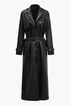 Solid Faux Leather Button Pocket Belted Coat
