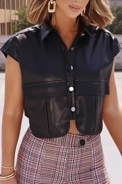 Solid Faux Leather Button Pocket Vest