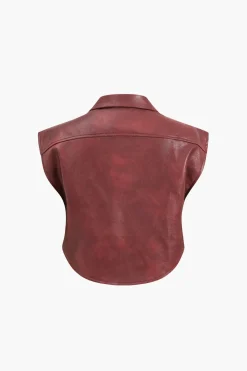Solid Faux Leather Button Pocket Vest