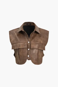 Solid Faux Leather Button Pocket Vest