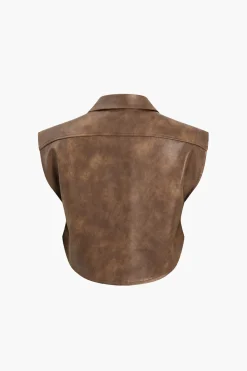 Solid Faux Leather Button Pocket Vest