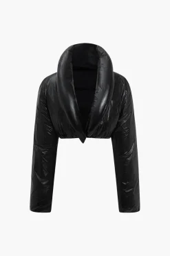 Solid Faux Leather Padded Button Stand Collar Puffer