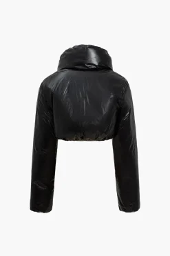 Solid Faux Leather Padded Button Stand Collar Puffer