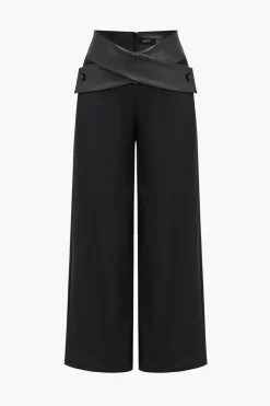 Solid Faux Leather Patchwork High Waist Crossed Pocket Trousers