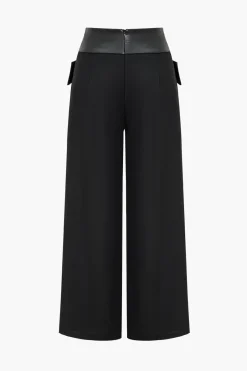 Solid Faux Leather Patchwork High Waist Crossed Pocket Trousers